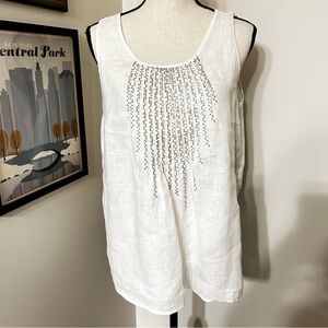 J.Jill Petite White 100% Linen Silver Embellished Sleeveless Top | SZ PM